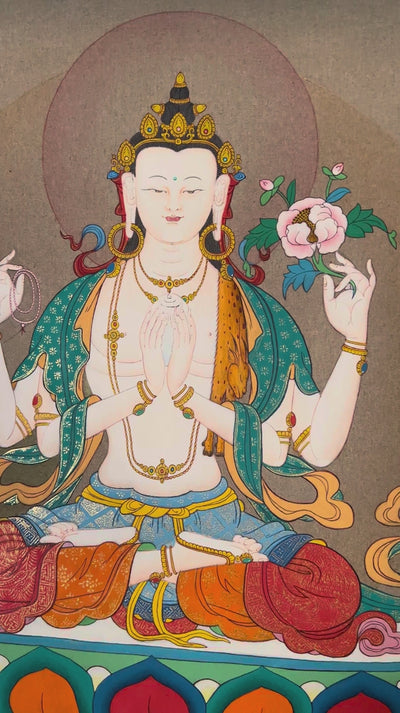 Hand-painted Chenrezig thangka featuring four-armed Avalokiteshvara seated on a lotus throne holding mala beads and lotus flower in a peaceful Himalayan landscape