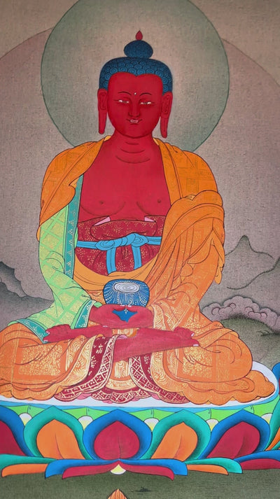 Hand-painted Amitabha Buddha thangka featuring the red Buddha seated in meditation holding an alms bowl on a lotus throne within a peaceful Himalayan landscape