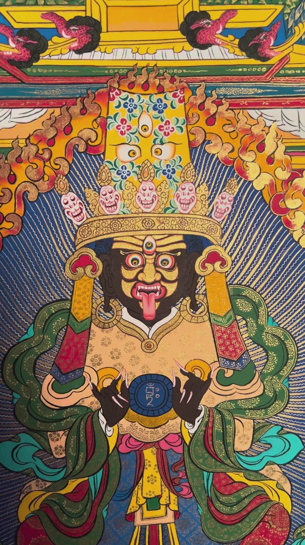 Zhaji Lhamo Thangka painting featuring Tibetan Buddhist protector deity with sacred symbols, ornate details and vibrant Himalayan artwork from Nepal