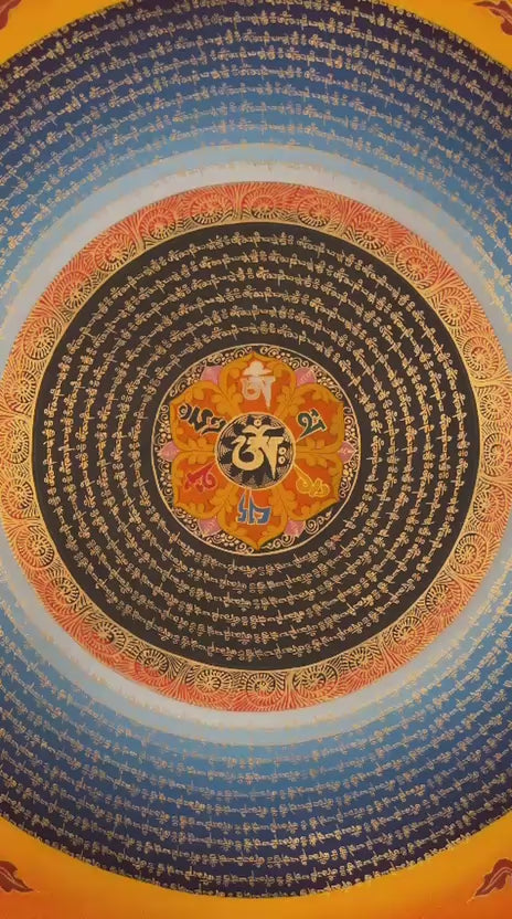 Hand-painted Golden Mantra Mandala Thangka featuring concentric Tibetan mantra inscriptions, central seed syllable, and auspicious symbols on vibrant yellow background.
