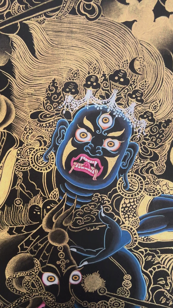 Hand-painted Gold-on-Black Palden Lhamo Thangka depicting the wrathful female Dharma Protector riding a mule with genuine gold detailing in traditional Tibetan Nakthang style.
