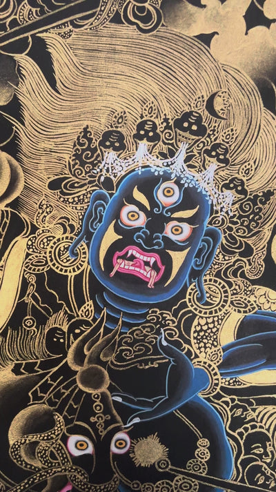 Hand-painted Gold-on-Black Palden Lhamo Thangka depicting the wrathful female Dharma Protector riding a mule with genuine gold detailing in traditional Tibetan Nakthang style.
