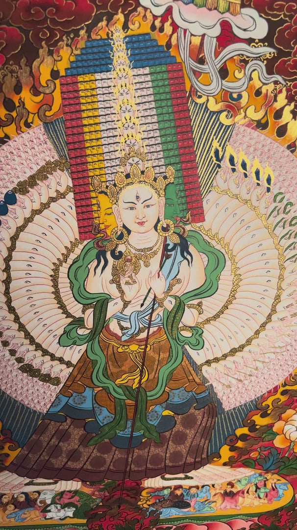 Dhukkar Thangka painting depicting the White Umbrella deity surrounded by protective figures, flames, flowers and intricate Tibetan Buddhist artwork from Nepal