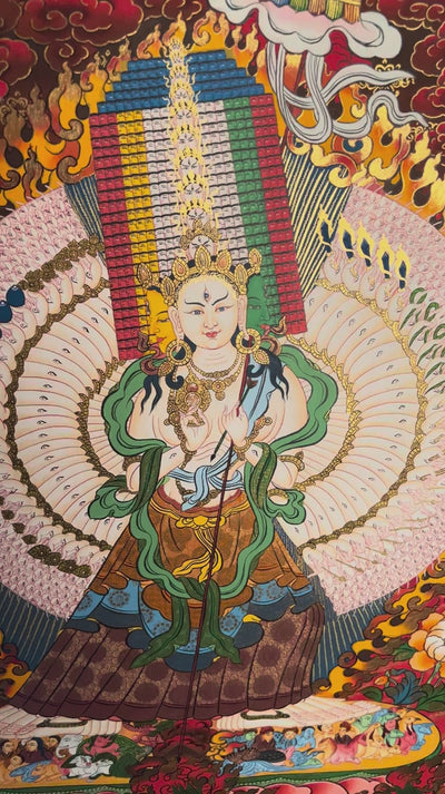 Dhukkar Thangka painting depicting the White Umbrella deity surrounded by protective figures, flames, flowers and intricate Tibetan Buddhist artwork from Nepal