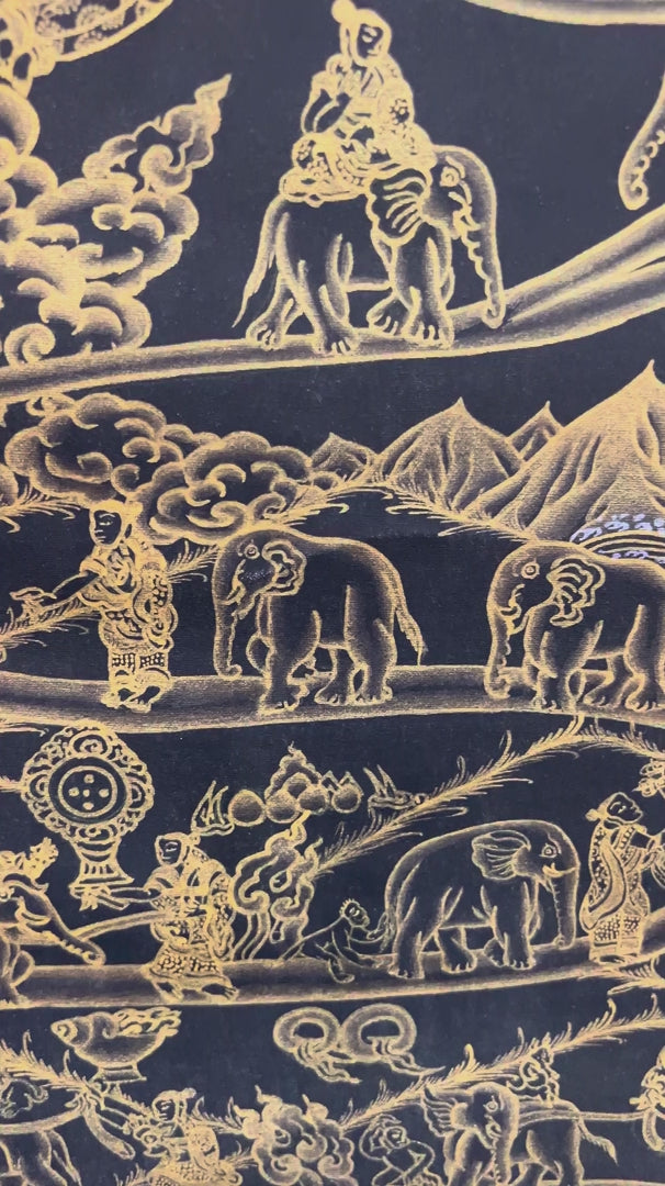 Black and gold Way to Heaven Thangka painting featuring winding pathways, elephants, mountains, rivers, celestial figures, and Himalayan landscapes, 60 x 40 cm
