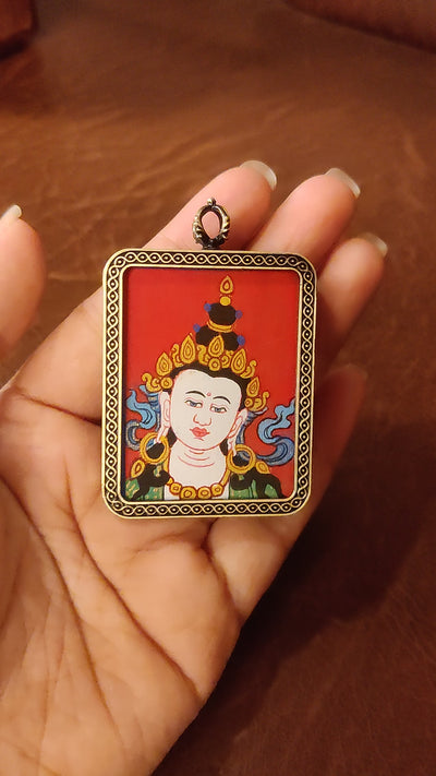 Vajrasattva Ghau pendant in an antique-style metal frame featuring a miniature Tibetan Buddhist painting handcrafted in Nepal.