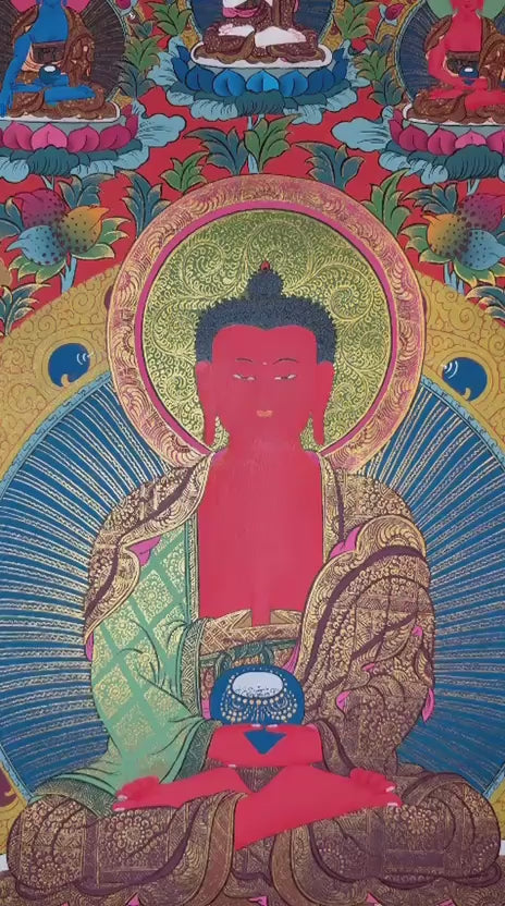 Amitabha Buddha thangka featuring the Buddha of Infinite Light seated in meditation surrounded by Five Dhyani Buddhas and intricate gold detailing