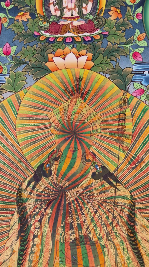 Rainbow Guru Tibetan Buddhist thangka featuring radiant rainbow aura surrounded by lotus flowers and celestial deities