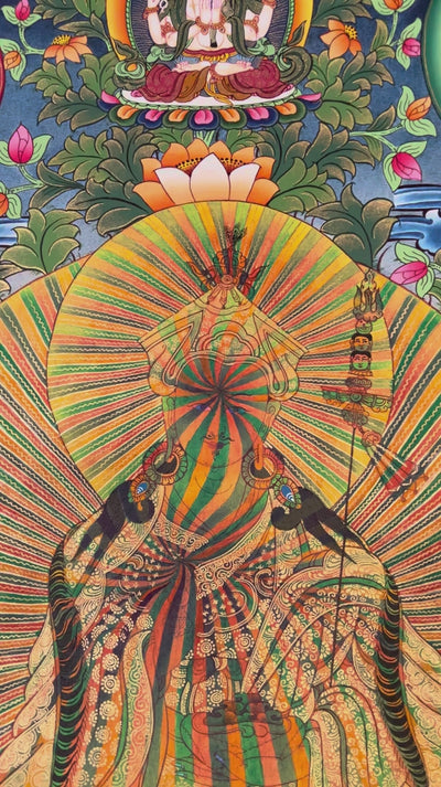 Rainbow Guru Tibetan Buddhist thangka featuring radiant rainbow aura surrounded by lotus flowers and celestial deities