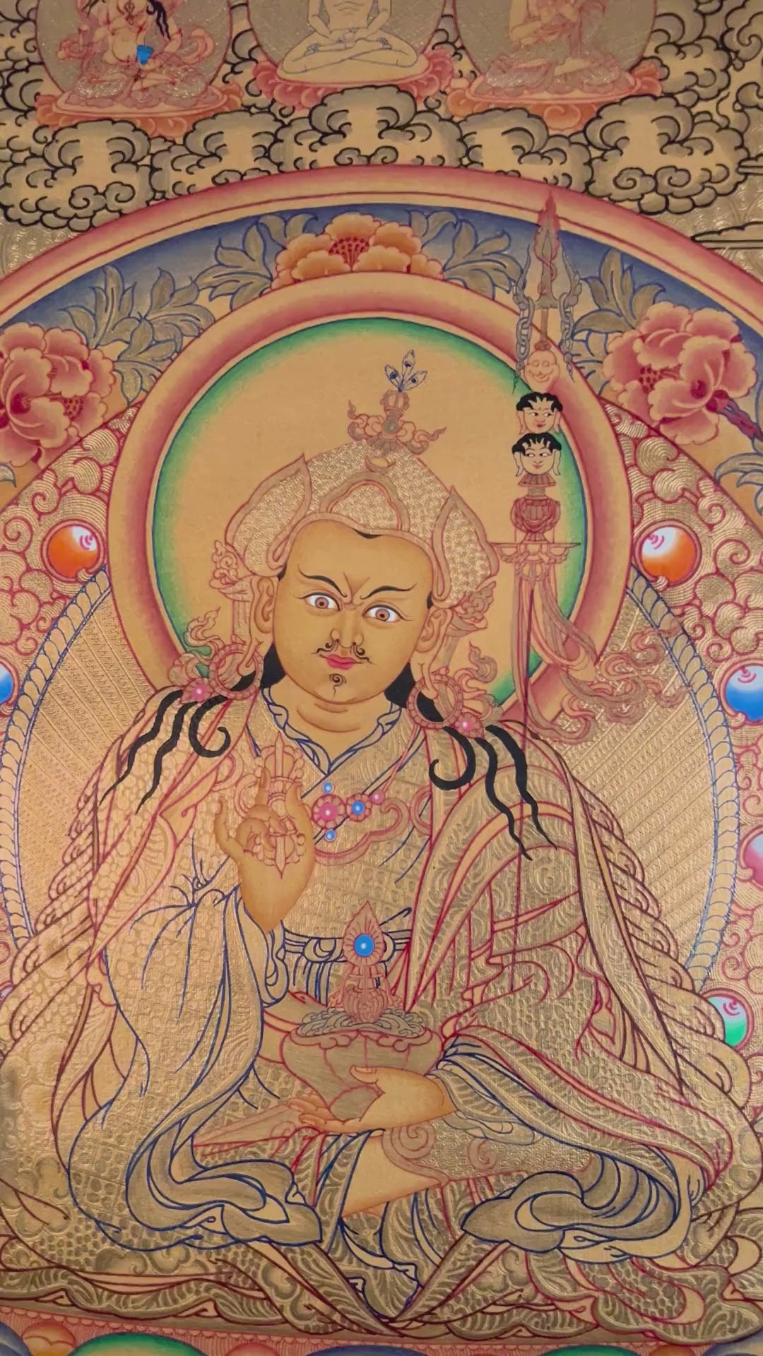 Guru Tsengye thangka set depicting the Eight Manifestations of Guru Padmasambhava in traditional Newari style with gold background, lineage figures, wrathful deities, lotus thrones, and intricate Vajrayana Buddhist symbolism.