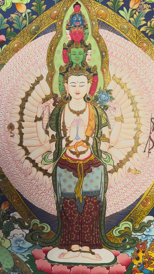 Avalokeshwor Thangka painting featuring the compassionate bodhisattva with multiple arms, Buddhist figures, lotus motifs and intricate Himalayan Buddhist artwork from Nepal