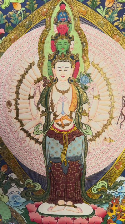 Avalokeshwor Thangka painting featuring the compassionate bodhisattva with multiple arms, Buddhist figures, lotus motifs and intricate Himalayan Buddhist artwork from Nepal