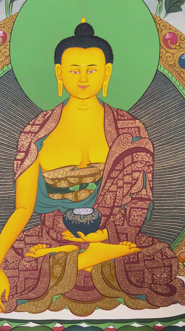 Shakyamuni Buddha thangka featuring the Historical Buddha seated in meditation holding an alms bowl surrounded by sacred Buddhist figures