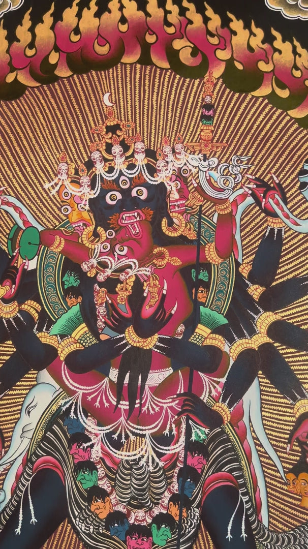Chakrasamvara Thangka depicting the multi-armed tantric deity in union with Vajravarahi, surrounded by wisdom flames and sacred symbolism in traditional Tibetan Buddhist art.