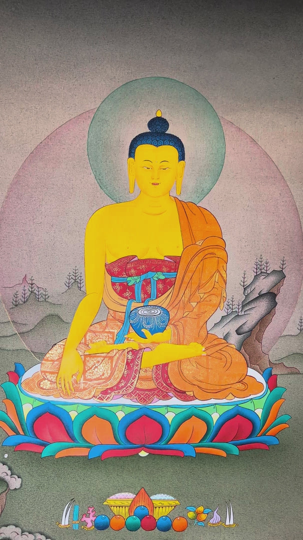 Hand-painted Shakyamuni Buddha thangka featuring the historical Buddha seated on a lotus throne in earth-touching mudra holding an alms bowl within a Himalayan landscape