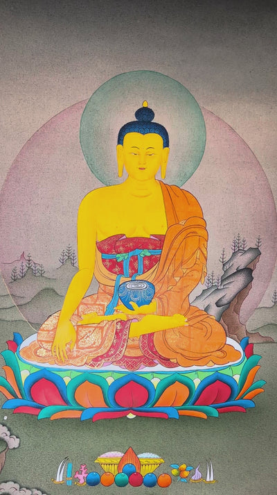 Hand-painted Shakyamuni Buddha thangka featuring the historical Buddha seated on a lotus throne in earth-touching mudra holding an alms bowl within a Himalayan landscape