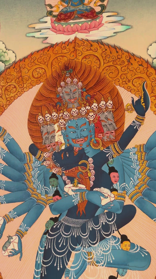 Hayagriva thangka featuring a wrathful multi-armed blue Buddhist protector deity surrounded by flames and attendant Vajrayana figures