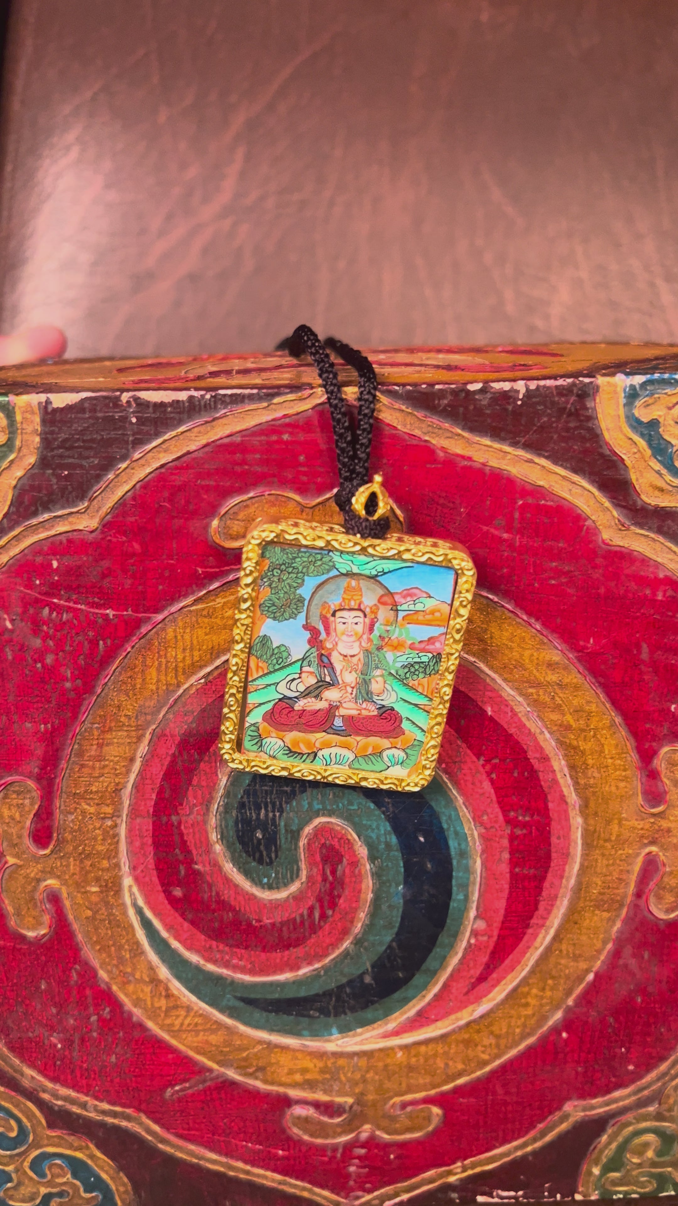Hand-painted Fushen Fusa Bodhisattva miniature Thangka pendant in gold-accented copper Ghau locket with black beaded cord.